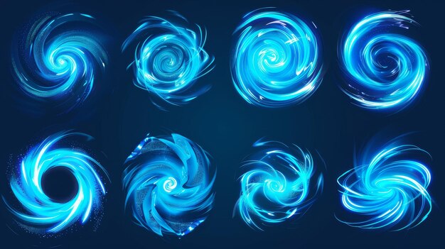 Photo neon elements with a swoosh effect in blue light realistic modern illustration set with magic glowing spiral lines 3d luminous twirl trail with a vortex effect