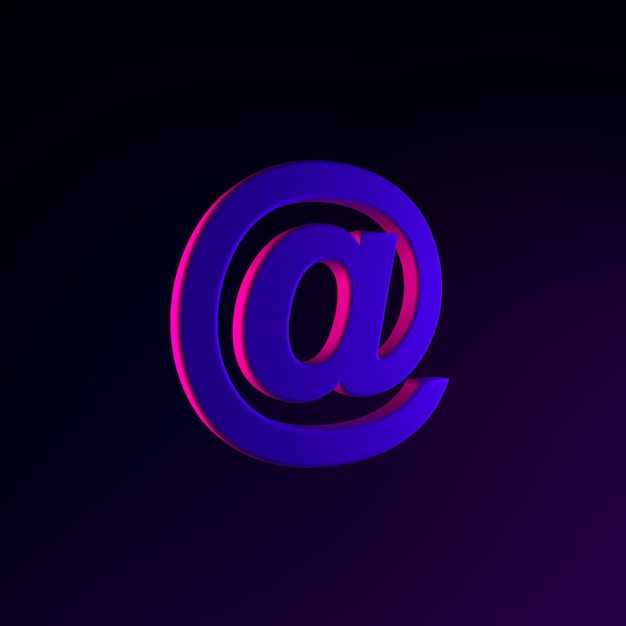 Neon email icon, at sign. 3d rendering ui ux interface element. Dark glowing symbol.