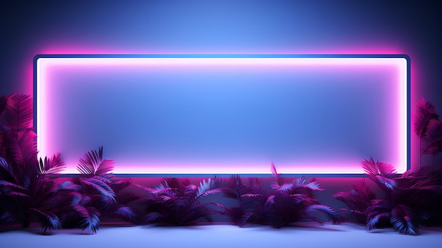 Neon empty frame on the wall with tropical leaves