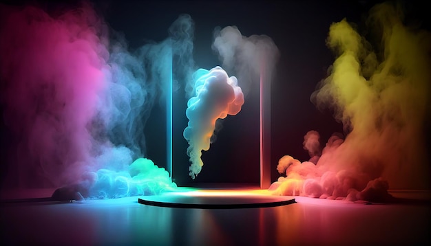 neon empty stage with neon smoke in back with spot light Ai generated Image