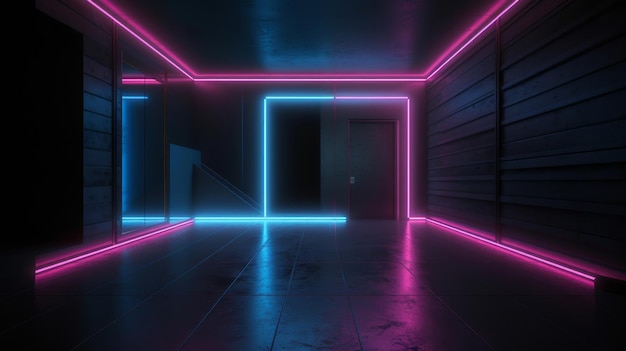 Neon en blauwe neonstralen in de donkere kamer Illustratie AI GenerativexA