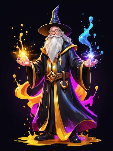 Photo neon enchantment vibrant wizardry in cartoon splash art with bold gold and black accents