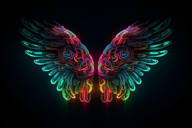 Foto neon engelenvleugels geschilderd in felle kleuren geïsoleerd op een donkere achtergrond gegenereerd door ai