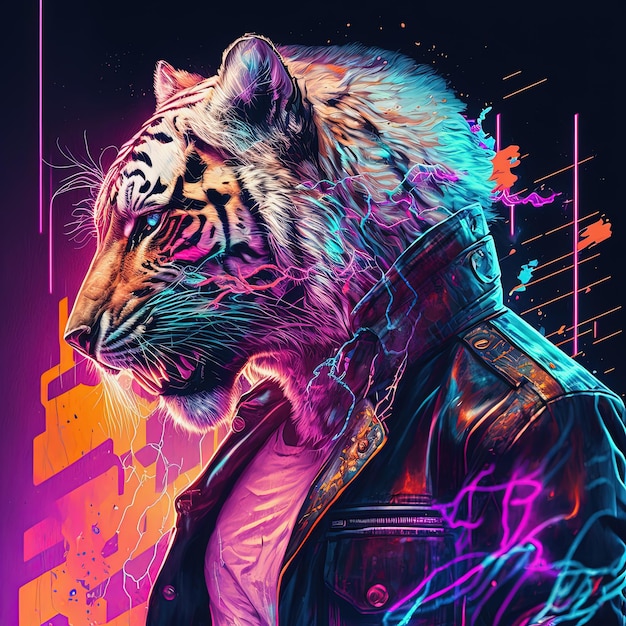 Neon fashion tiger in neon colors Generative AI