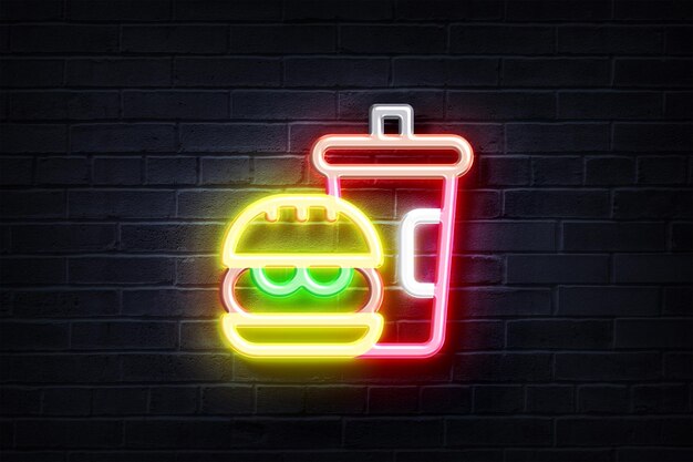 Photo neon fast food on a brick wall