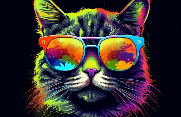 Neon Feline Vibes HyperDetailed Image of a Cat with Bright Glasses