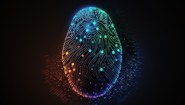 A neon fingerprint on a dark background Biometric security