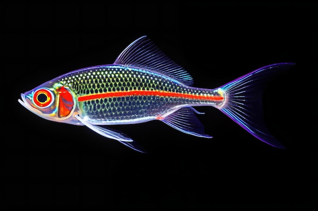 Neon fish isolated on black background and shadow