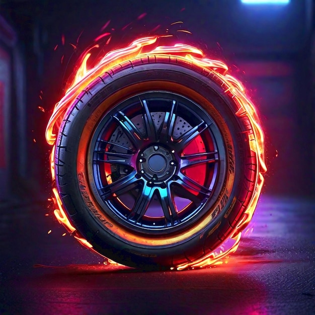 Photo a neon flame tire is rolling generated ai