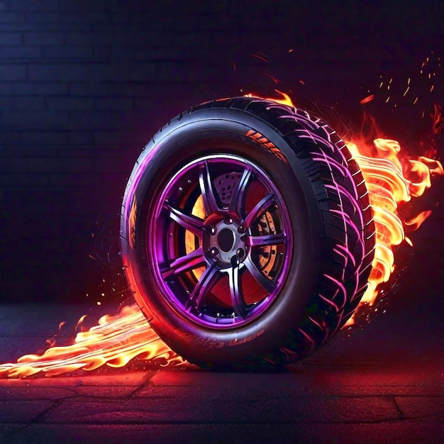 Photo a neon flame tire is rolling generated ai