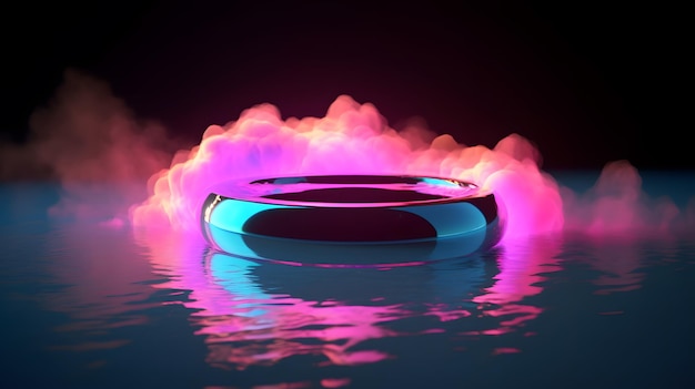 A neon floating device in the water with a black background.