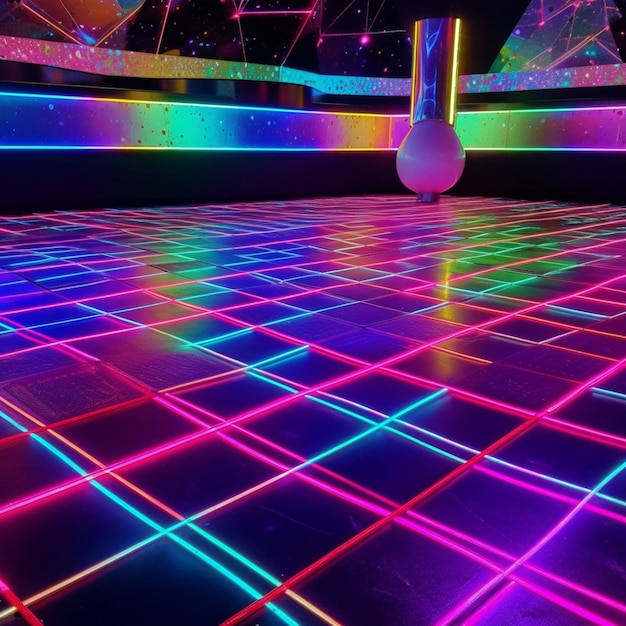 A neon floor with a disco ball in the middle