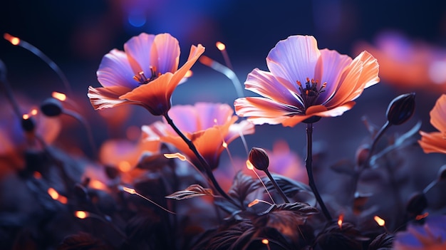 네온 꽃 아름다운 디지털 예술 어두운 배경 AI 생성 그림