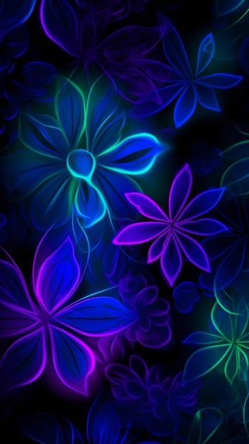 Neon flowers on a black background