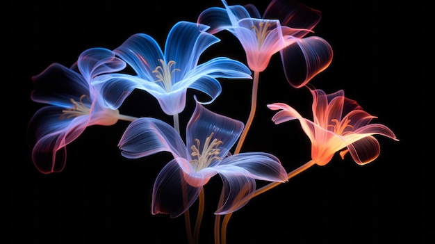 Neon Flowers light drawing Artistic dramatic flair lines on black background