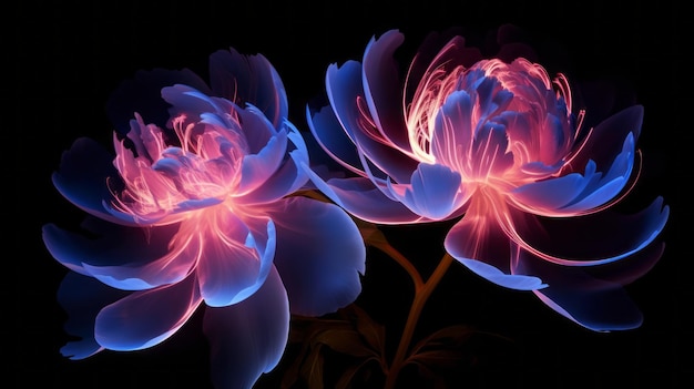 Neon Flowers light drawing Artistic dramatic flair lines on black background