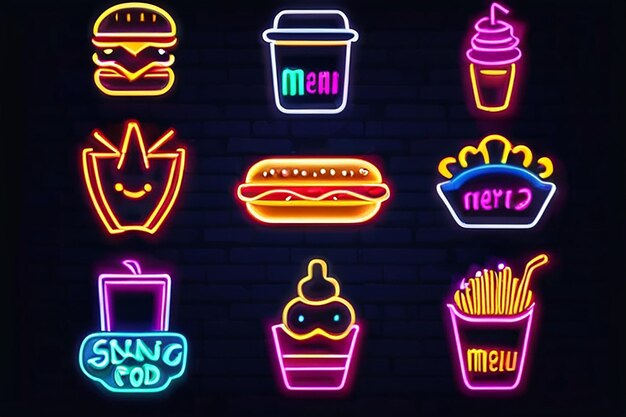 Foto neon food sing vector illustratie cafe menu sjabloon neon stijl fast food neon icoon