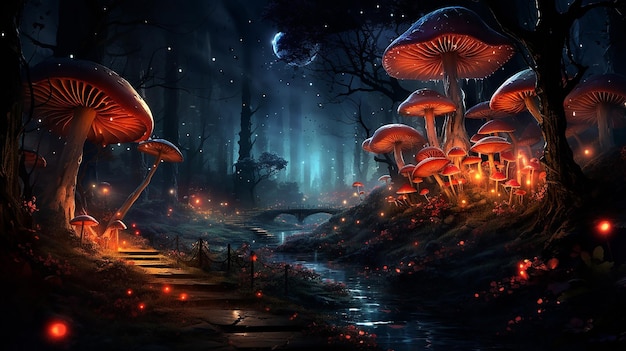 Neon Forest Fungi Cartoon Mushroom Scene