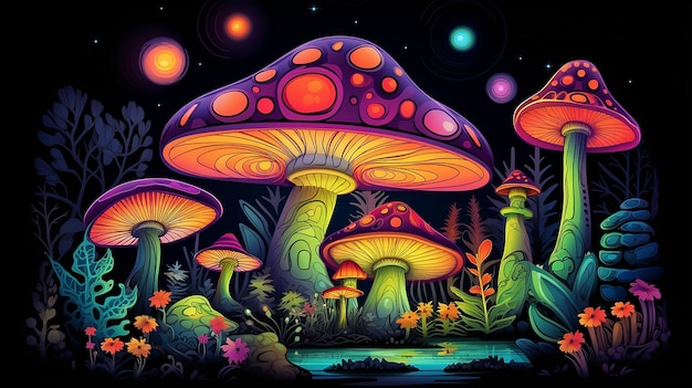 Neon Forest Fungi Cartoon Paddenstoel Scene