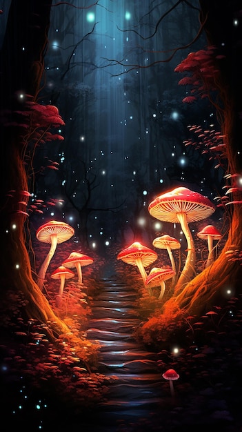 Neon Forest Fungi Cartoon Paddenstoel Scene