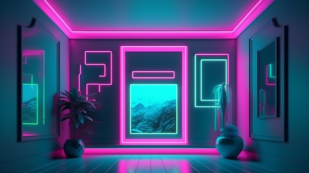 neon frame on background in the room Banner design Party and sales concept