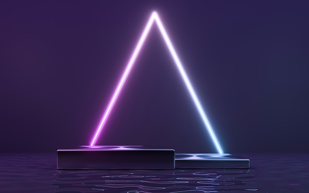 Neon frame bord in de vorm met podium en reflectie in het water. 3D-rendering