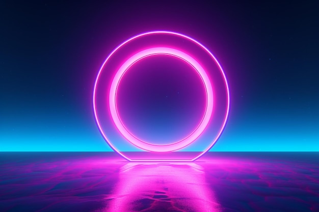 A neon frame circle with lights in the background