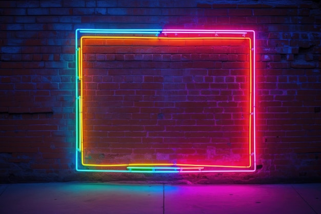 Foto quadro al neon che brilla su una parete di mattoni di notte