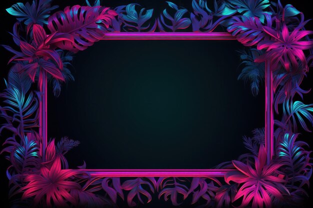 neon frame on green palm leaves with a palm tree on dark background