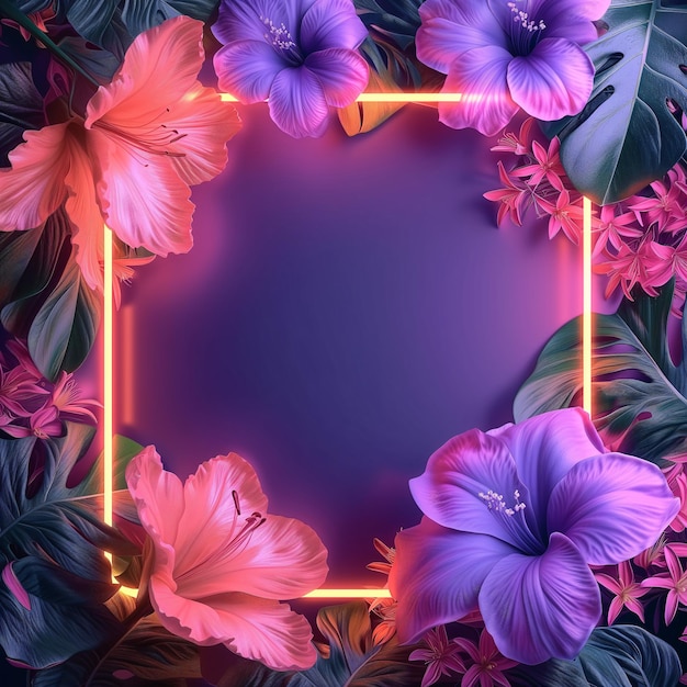 neon frame illuminates a flowers creating a modern and natural aesthetic empty mockup