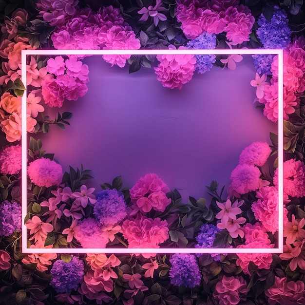 neon frame illuminates a flowers creating a modern and natural aesthetic empty mockup
