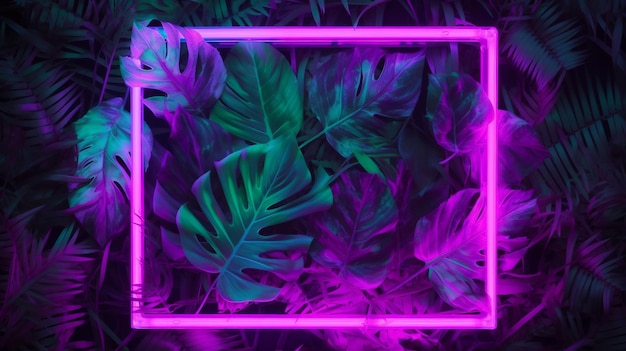 Neon frame met een tropische plant op de achtergrond
