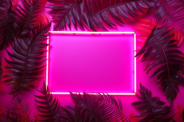 Neon frame met roze bladeren