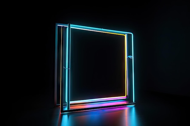 Foto mockup di cornice al neon su sfondo nero con illuminazione drammatica creata con intelligenza artificiale generativa