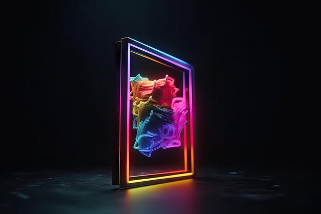 Photo neon frame mockup in the dark with flashes of light created with generative ai