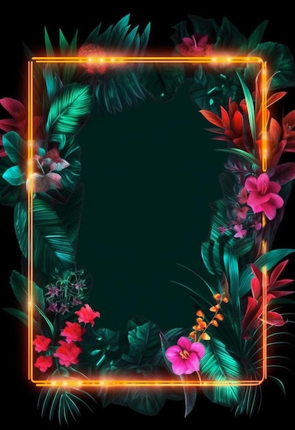 Neon frame mockup met tropische bladeren en bloemen Generatieve ai