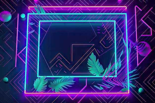 Photo neon frame mockup with geometric patterns and shapes created with generative ai