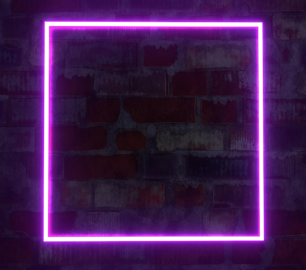 Photo neon frame on old brick wall background laser purple 3d render square with glow