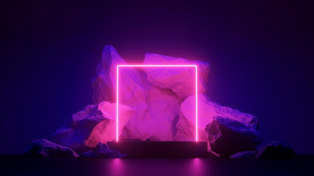 Neon frame rock stones and empty podium for product presentation 3d rendering illustration