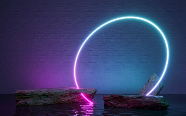 Neon frame sign in the shape with rocks and reflection in the\
water. 3d rendering