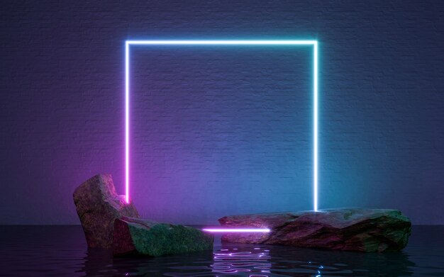 Neon frame sign in the shape with rocks and reflection in the water. 3d rendering