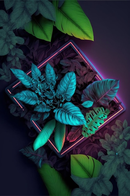 Neon frame surrounded by plants and leaves generative ai