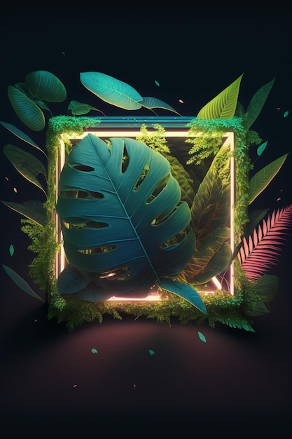 Photo neon frame surrounded by tropical plants and leaves generative ai