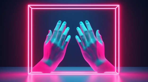 A neon frame with hands in the center Generative ai