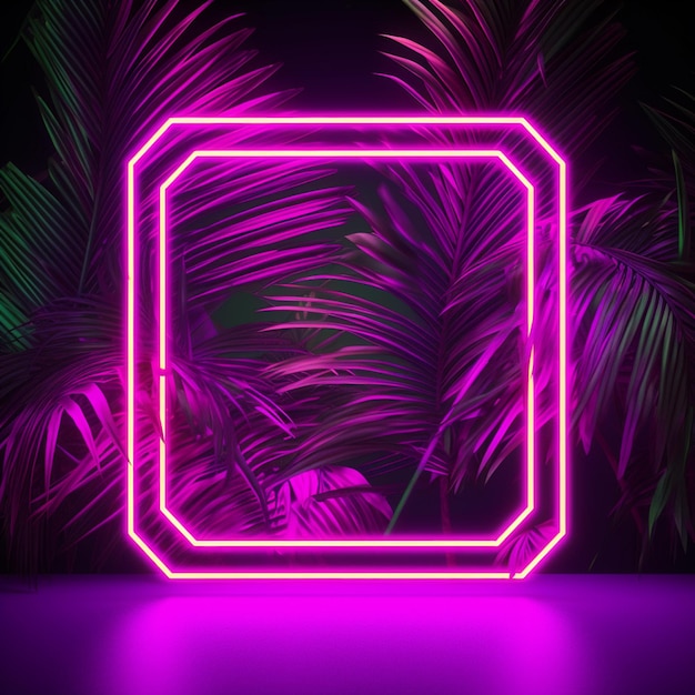 Photo neon frame with palm leaves on a dark background generative ai