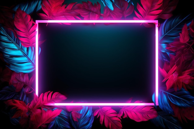 Photo neon frame with pink leaves