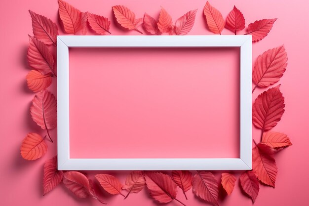 Photo neon frame with pink leaves