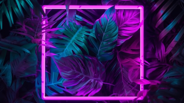 Neon frame with a tropical leaves and a blue neon light.