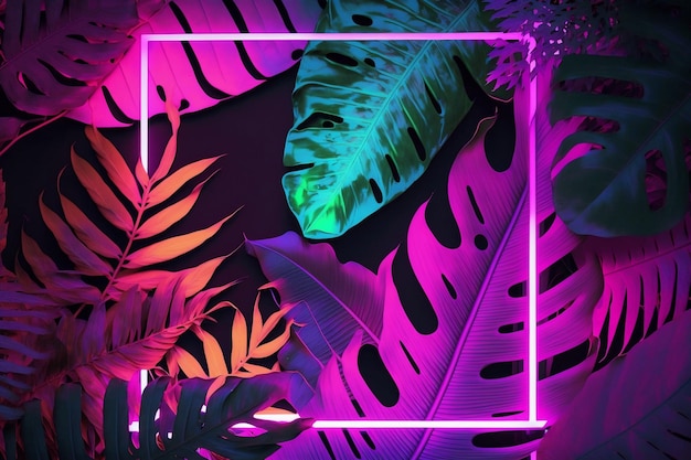 Neon frame with tropical leaves on a dark background