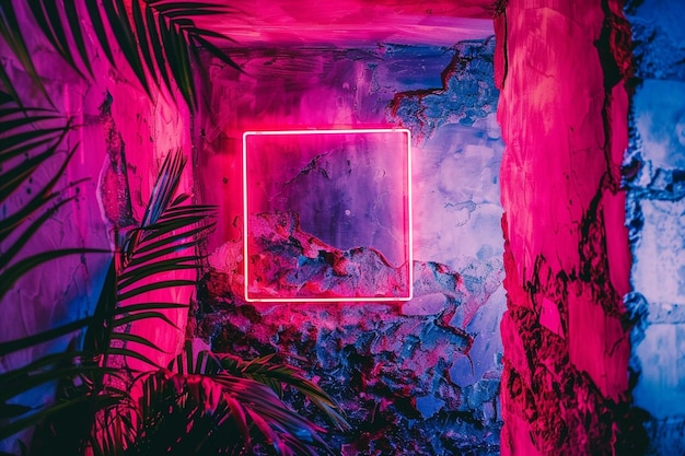 Photo neon frame with tropical leaves on the wall